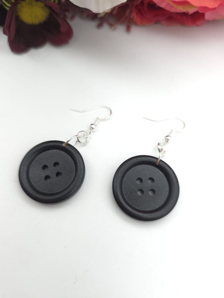 schwarze Knopf Ohrringe Holz Natur Button